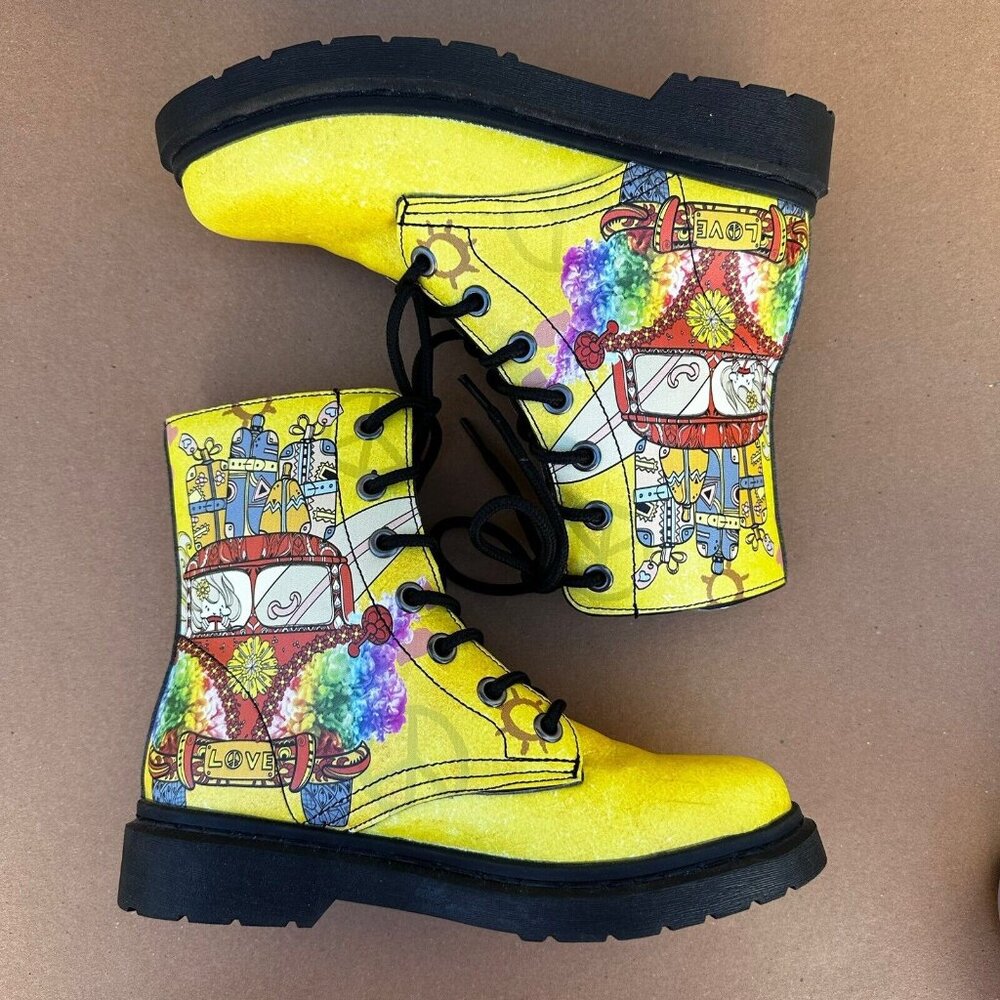 Yes We Vibe Combat Boots Yellow Travel Van Women’s Size 7 EU 38 Vegan Lace Up - Picture 8 of 10